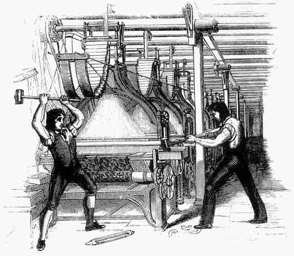 Frame-breakers, or Luddites, smashing a loom with sledge hammers. Machine-breaking was criminalized by the Parliament of the United Kingdom as early as 1721, the penalty being penal transportation, but as a result of continued opposition to mechanisation the Frame-Breaking Act 1812 made the death penalty available: see "Criminal damage in English law". By Chris Sunde; original uploader was Christopher Sunde at en.wikipedia. - Original unknown, this version from http://www.learnhistory.org.uk/cpp/luddites.htm (archive), Public Domain, https://commons.wikimedia.org/w/index.php?curid=4150391