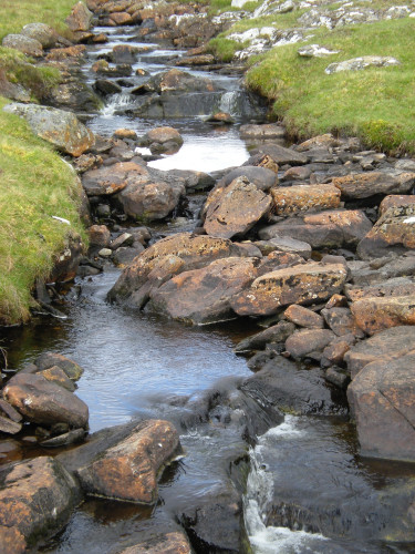 A sunlit, rock- and boulder-filled stream flowing from the top of the picture to the bottom, framed in the top half by green grass on the sides as the stream recedes into the distance.