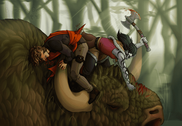 Digital artwork of two people and a giant monster bison. One of the people, a woman with pale blue skin and dark hair, is riding on the bison's head, holding a fistful of its fur while she swings a bloodied ax down at its face. The other person, a half-elf with brown curly hair, is impaled on the bison's horn through his stomach. The bison is running and shaking its head