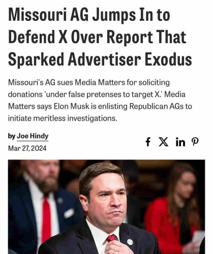 Headline Missouri AG Jumps In to
Defend X Over Report That
Sparked Advertiser Exodus

Duhhhh smaller government! Stop government overreach! Except when freedom is at stake r somethin 

