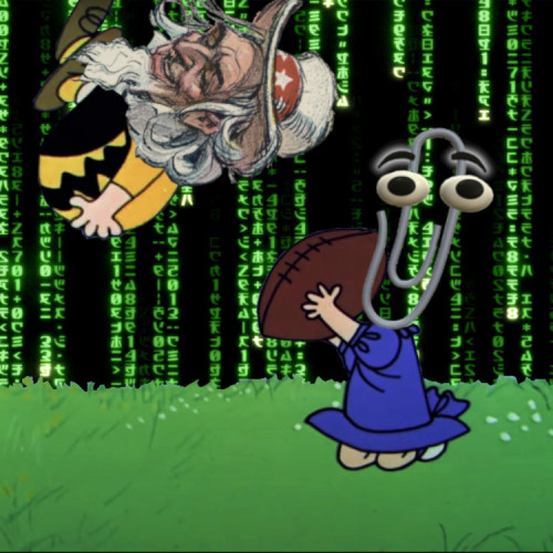 A frame from a Peanuts animation, depicting Lucy yanking the football away from Charlie Brown, who is somersaulting through the sky. It has been altered. Lucy's head has been replaced with Microsoft's Clippy. Charlie Brown's head has been replaced with a 19th century caricature of a grinning Uncle Sam. The sky has been replaced with a 'code waterfall' effect as seen in the Wachowskis' 'Matrix' movies.