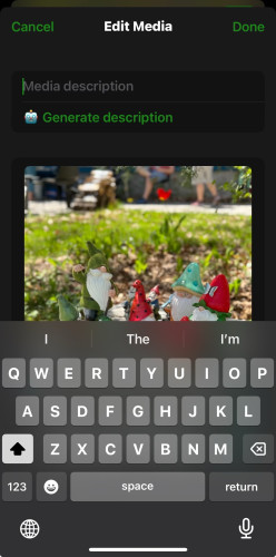 A screen showing an app interface with options to edit media and generate a description. Below is a photo of garden gnomes with people's legs visible in the background.