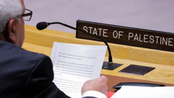 Riyad H. Mansour, Permanent Observer of Palestine to the United Nations, reads from his notes as he addresses the Security Council following the voting process during a meeting of the United Nations Security Council on the conflict between Israel and Hamas at U.N. headquarters in New York, U.S., October 16, 2023. (Reuters)