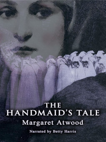 Cover of the book "The Handmaid's Tale" by Margaret Atwood: The face of a woman in the background of a row of people wearing white robes with hoods covering their faces.