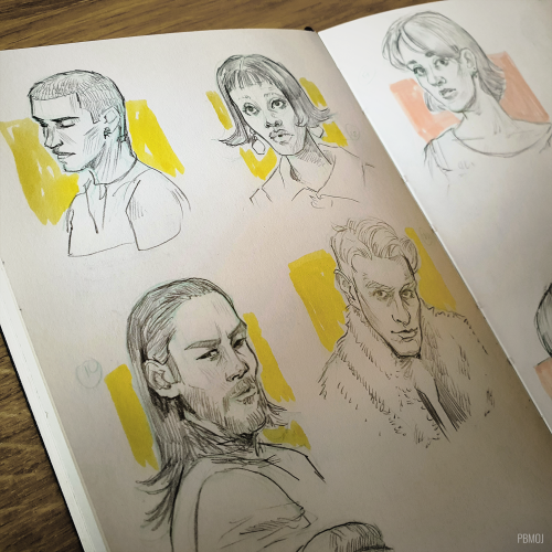 Photo of a sketchbook page: various portrait drawn loosely with pencil