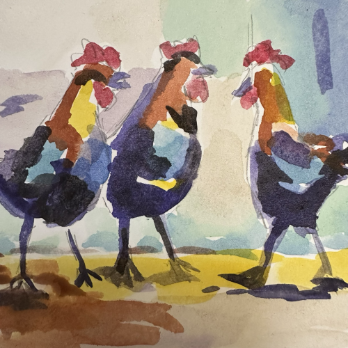 Three colorful roosters