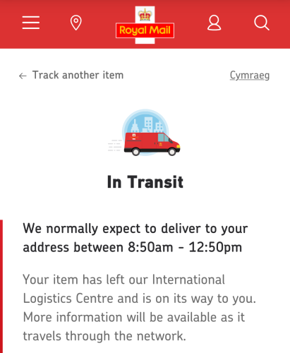 Royal Mail tracking page showing the parcel as "In transit"