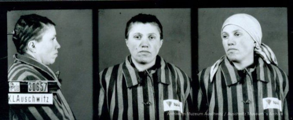 Black and white historical photograph displaying a prisoner in a striped uniform from Auschwitz, shown in front, left profile, and a slightly turned head with a hat on.Registration number 11316 and name K.L Auschwitz are visible.