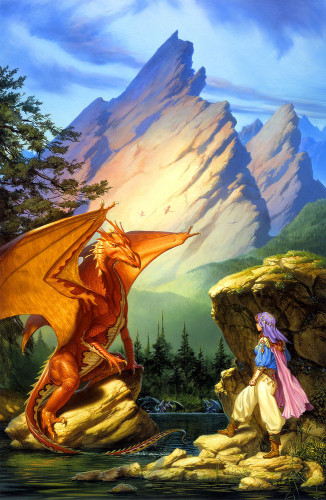On the shore of a lake, a red-headed woman in Romani-style garb approaches a dragon twice her height. Orange scaled, its sinuous neck curves as it lifts a beak shaped head. Gripping rock with hind legs and forelimb, its tail swishes water as wings flair back warily. A flame pattern ripples along the underside of the limb supporting its wing. More gold scales run under its chin  down its belly and along the underside of its tail.

The woman wears a purple silk cloth over her hair with pink cloak trailing. The sleeves of her azure blouse puff out until they meet form fitting leather gloves at the elbow. Her belt broadens in the back, accented with chains and jewels. Her silky pants are also baggy until they tuck into her fine leather boots at the calf.

In the distance, other dragons can be seen bathing in the shallows. Lush evergreens give way to grassy hills and eventually angular mountains that thrust upward aglow in the sunlight.