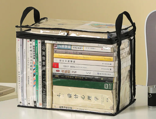 A plastic zipper bag with sturdy handles designed to hold a bunch of books for people with book hoarding issues. 