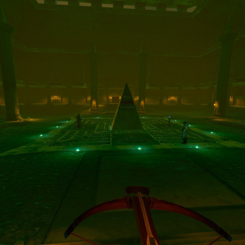 Screenshot from the VR game showing an underground pyramid glowing an eerie green. A crossbow is visible in the foreground, bolt loaded. 