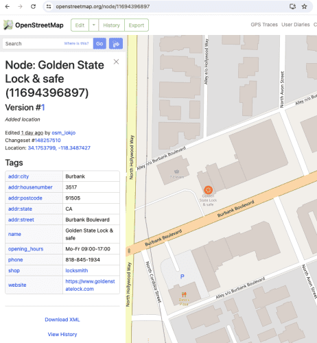 A screenshot of OpenStreetMap showing "Golden State Lock & Safe" in Burbank, California.