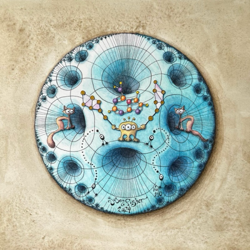 Painting of a circle containing a fractal of holes. In the center is a three-eyed alien holding a contraption in both hands. Between the contraption is a molecule. Two cats are pitched on either side.  Shading makes the holes appear 3D. 