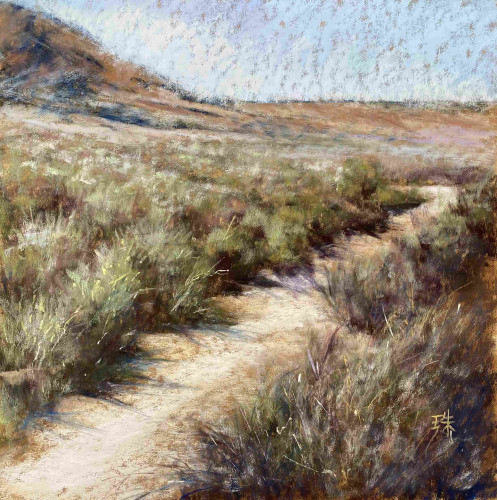 A square pastel painting of a dirt path lined with oceans of sagebrushes. The green is still barely there... Shadows on the ground. 