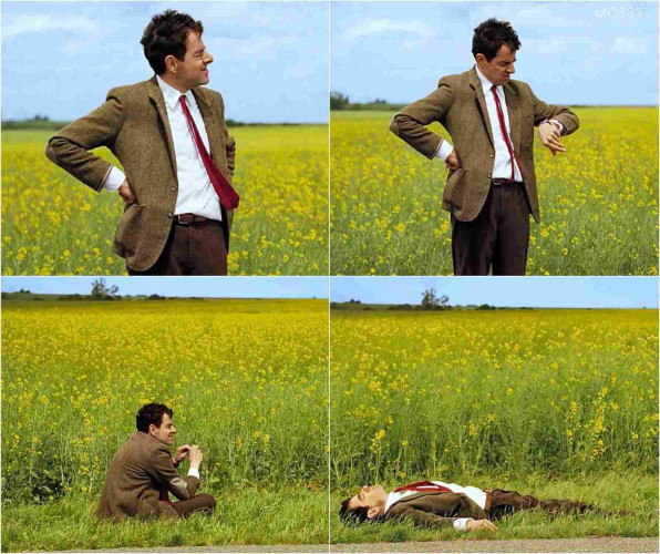 Meme of Mr. Bean (Rowan Atkinson) in a panel of 4 photos of him waiting in a road beside a field. In the first he’s standing waiting and impatiently waiting, in the second he’s checking his watch, in the third he’s sitting beside the road, in the last he’s laying flat on his back, having given up watching and waiting. Meme found on Reddit, origin unknown.