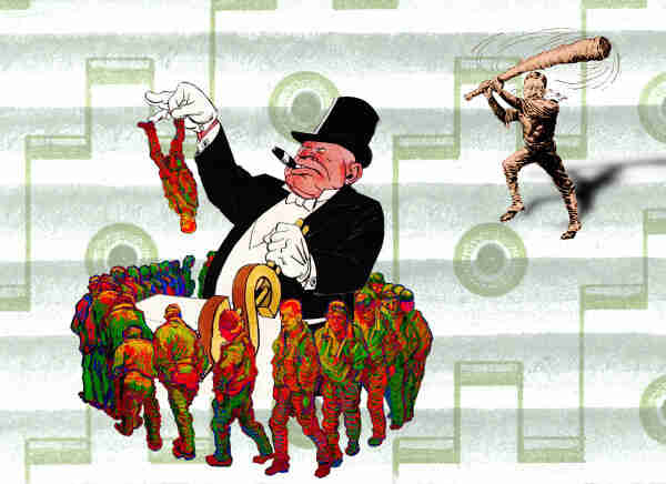 The trudging circle of prisoners from Van Gogh's 'The Prisoners.' They have been separated from their background and colorized with bright reds and oranges. In their center is a giant capitalist ogre in a top hat, yanking a lever in the shape of a golden dollar-sign with one white-gloved hand and holding a dangling, upside-down prisoner figure in the other. Behind this tableau and to the left is an editorial cartoon version of Roosevelt as a 'big-stick' swinging trustbuster, taking aim at the ogre.
