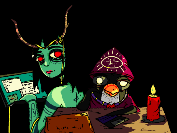 Occult Penguin wearing the cap of the eye of the cyber mantis sits by a lit candle at a desk with an ancient tome by its side. Magnetic Nymph is hacking on a machine behind the Penguin.

The Penguin passes a floppy to the viewer.