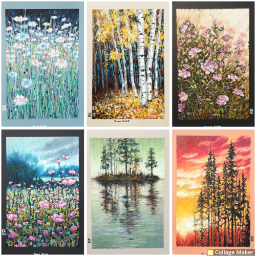 A photo collage of some of my oil pastel artworks. 
A pink and blue flower bed, birch trees, pink roses, a flower meadow landscape, an island on a lake and a forest sunset.