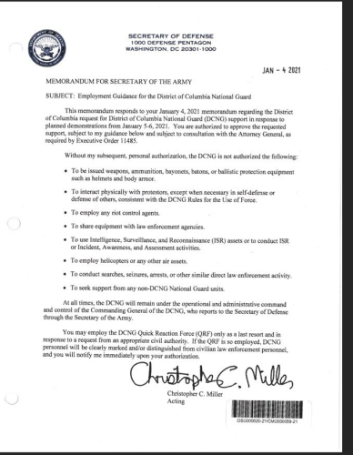 Here’s the Jan. 4 memo from former acting Defense Secretary requiring “personal authorization” for DC National Guard to employ riot control agents & other tactics at Jan. 6 “March for Trump.” This same day Capitol police knew of a “strong potential” for violence against Congress.