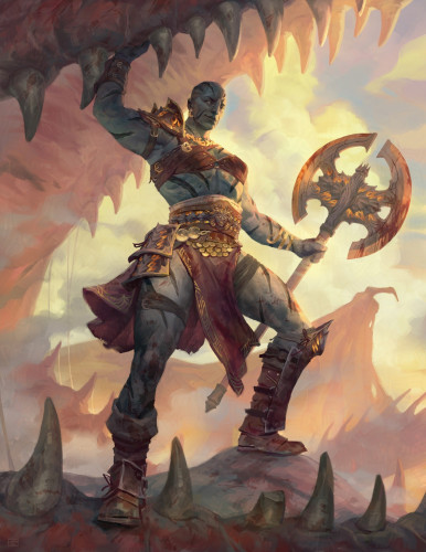 A tall, strong Goliath woman of the barbarian class stands holding open the mouth of a great red dragon she has just slain. With one hand holds open the mouth, the other her giant battle axe. She looks confident and has a slight smirk on her face as blood covers the axe blade and her body. Golden clouds set the backdrop as smoke and wings silhouette behind the barbarian.