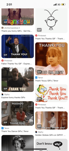 phone browser image search result of various “thank you!” gifs, as if you are searching your phone for the right emphatic Thank You image to react to someone finally saying the thing that needed to be said 