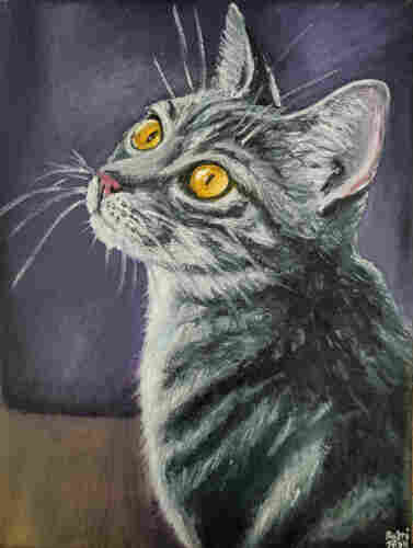 An oil painting of a gray white striped cat. Bright yellow eyes. Whiskers.