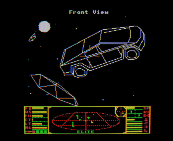 A screenshot of the original Elite game, with a low poly spaceship in fro... actually it's just a bloody cybertruck rendered in more polys than it deserves.
