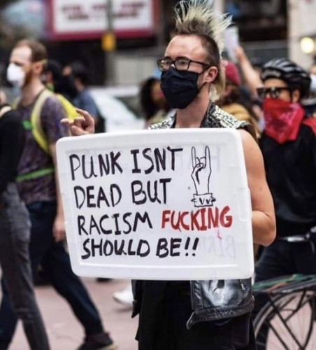 En manifestation un homme portant une crête et un masque, tient dans ses mains une pancarte sur laquelle est écrit : Punk isnt Dead But Racsim Fucking (en rouge) should Be !! 🤘
