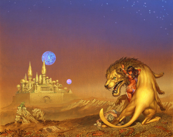 An 8-legged Martian lion bears its fangs as Thuvia leans against it with a hand in its mane. Both of their backs are turned but their faces can be seen in profile as the body of the beast curls around her. She wears more jewelry than clothing, covering herself with a lavender thong. Thin beaded chains suspend the dagger at her hip. Ornate bands contrast the tan skin on her upper arm. In the background, two marbleized moons hang over a beautiful Martian city with elegant spires. A stylized eye marks the outer wall. The landscape is mostly barren. Painted in earthy tones, the land blends with the sky and eventually fades to a gradient of purple night punctuated by stars. The shirtless body of a blonde man with pale skin lies face down next to her.
