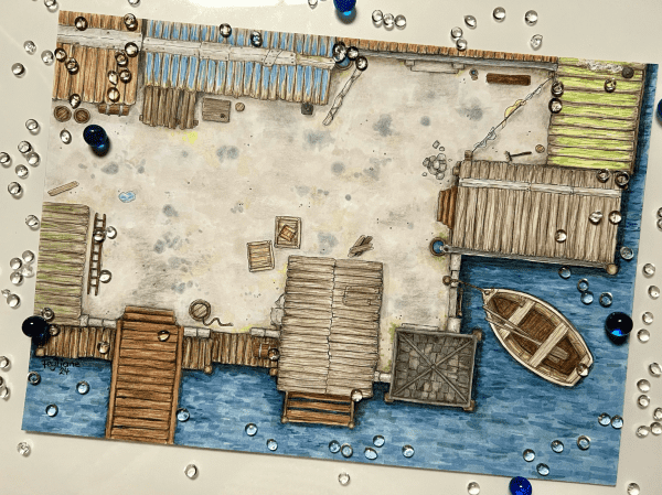 Die Karte zeigt einen Ausschnitt eines kleinen Hafenviertels aus der Vogelperspektive. Man sieht einfache Hütten, Stege und ein Ruderboot