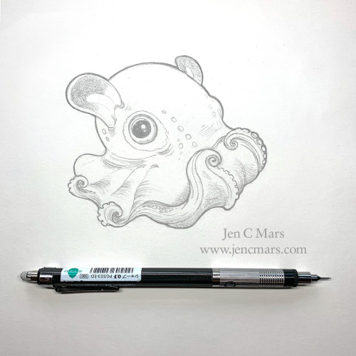 A pencil drawing of a flapjack octopus looking cute, its front two tentacles curled up in front of its "face" and almost touching. A mechanical pencil is also pictured.