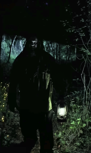 A tall, imposing figure resembling Bray Wyatt, a professional wrestler known for his eerie persona. The figure stands in a dark, wooded area, with only the faint glow of a lantern illuminating parts of his face and surroundings. He has long hair and a thick beard, enhancing his menacing presence. The lantern he holds emits a dim light, casting shadows on his rugged clothing. In the background, tiny lights resembling fireflies add a mystical and haunting atmosphere to the scene. The overall mood is mysterious and slightly ominous, fitting the character's eerie and enigmatic vibe.