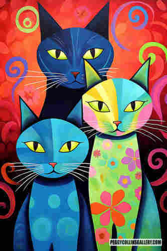 Colorful artwork of a cat family, with dad, mom and baby cat (aka kitten) posing for their family portrait, by artist Peggy Collins.