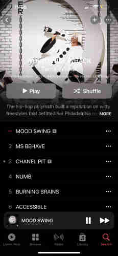 Screenshot of a music streaming app featuring the album "World Wide Whack" by Tierra Whack, with a play interface and tracklist including songs like "Mood Swing" and "Ms Behave". The cover art shows a person sitting in a moon crescent with a telescope and a smile. 