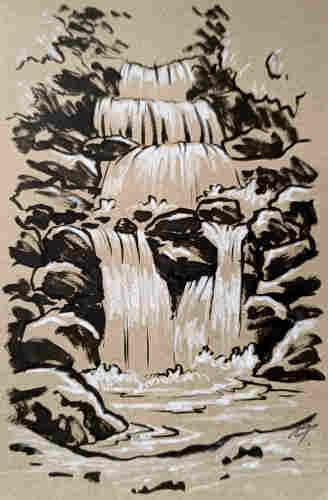 An ink drawing of a waterfall