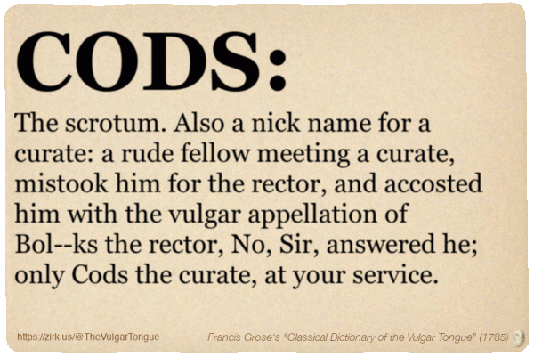 Image imitating a page from an old document, text (as in main toot):

CODS. The scrotum. Also a nick name for a curate: a rude fellow meeting a curate, mistook him for the rector, and accosted him with the vulgar appellation of Bol--ks the rector, No, Sir, answered he; only Cods the curate, at your service.

A selection from Francis Grose’s “Dictionary Of The Vulgar Tongue” (1785)