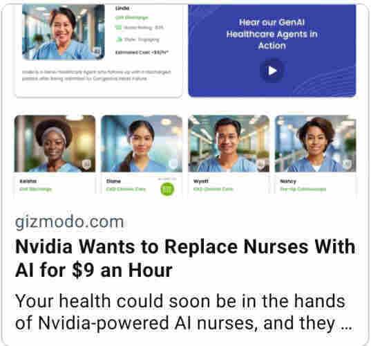 Gizmodo Headline: Nvidia Wants to Replace Nurses with AI for $9 an Hour