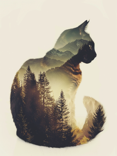 A beautiful double exposure artwork featuring the silhouette of a cat filled with a serene forest and mountain landscape. The cat is in a side profile, facing right, with its outline crisply defined against a soft, light background.

Within the cat's silhouette, tall pine trees stretch upwards, their tops pointing towards a distant mountain range. The mountains, bathed in soft golden light, create a tranquil and majestic backdrop. The scene within the cat is a blend of earthy greens and warm yellows, capturing the essence of nature and its calm beauty.

The combination of the cat's form with the natural landscape evokes a sense of harmony between wildlife and the wilderness. The image seamlessly merges the feline's graceful presence with the serene, expansive beauty of the forest and mountains, creating a visually stunning and thought-provoking piece.