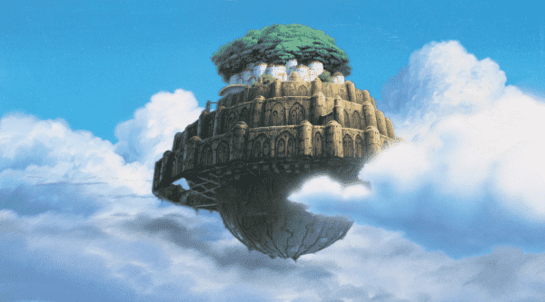Castle in the Sky (Japanese: 天空の城ラピュタ, Hepburn: Tenkū no Shiro Rapyuta), also known as Laputa: Castle in the Sky, is a 1986 Japanese animated fantasy adventure film written and directed by Hayao Miyazaki. It was produced by Isao Takahata, animated by Studio Ghibli, and distributed by the Toei Company. In voice acting roles, the original Japanese version stars Mayumi Tanaka, Keiko Yokozawa, Kotoe Hatsui, and Minori Terada. The film follows orphans Sheeta and Pazu, who are chased by government agent Muska, the army, and a group of pirates over Sheeta's crystal necklace on their way to Laputa, a mythical castle flying in the sky. 

An airship carrying Sheeta – an orphan girl abducted by government agent Muska – is attacked by air pirate Dola and her gang, who seek Sheeta's crystal necklace. Attempting to escape, Sheeta falls from the airship but is saved by the magic of the now-glowing crystal, which lowers her gently. She is caught by Pazu, an orphan who works as a mechanic in a mining town, and he takes her to his home to recover. The next morning, Pazu shows Sheeta a picture his father took of Laputa, a mythical castle on a flying island, which Pazu now seeks. However, Dola's gang and Muska's soldiers arrive looking for Sheeta. After a chase through the village, Pazu and Sheeta fall into a mine shaft, but are saved again by the crystal. In the tunnels, they meet Uncle Pom, who shows them deposits of the glowing mineral Aetherium, the same material as Sheeta's crystal.

