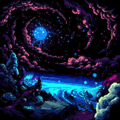 A pixel art scene that depicts a vibrant, cosmic landscape. At the center is a large, bright celestial body surrounded by smaller stars and nebulae, rendered in hues of blue and pink against the deep black of space. Encircling the cosmic scene is a cavernous formation, suggesting that the viewer might be looking up from a cave or a planetary surface. The lower section of the image reveals a serene body of water reflecting the starry sky above, with the shores on either side detailed with various shades of blue and violet. The overall composition is reminiscent of classic 8-bit video game graphics and conveys a sense of wonder and otherworldly beauty.