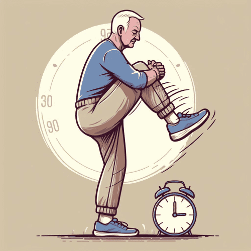 An old man exercises. He's standing straight on one foot. He has pulled up his other leg, and wrapped his arms around it, to pull the knee to his chest. He's doing this balanced on one foot. A clock is on th e floor near his foot