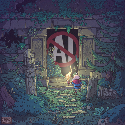Character in doorway looking at an anti ai symbol