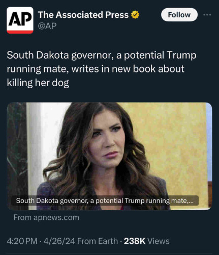 Screenshot of a social media post from the associated press with the headline, "South Dakota governor, a potential Trump running mate, writes in new book about killing her dog"