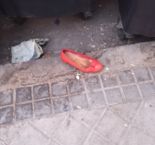 Photo of one red shoe that looks similar to the ones Dorothy wears in the Wizard of Oz that are used to magically transport her home. 
The shoe is lying next to some bins and rubbish on the kerb of a pavement 