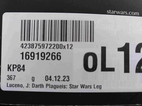 Barcode sticker on the back of the book, saying: 

Luceno, J: Darth Plagueis: Star Wars Leg 