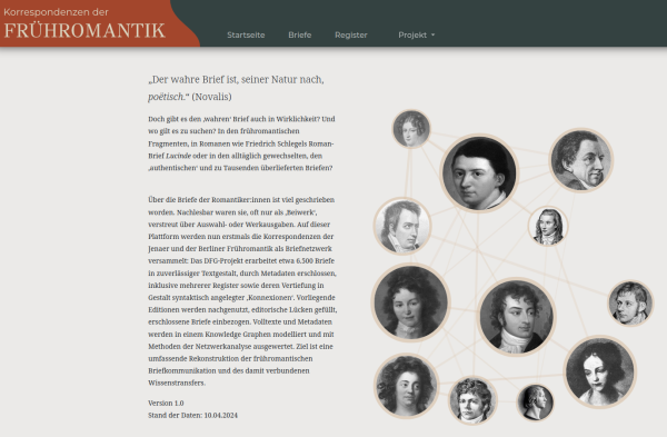 Screenshot der Startseite des Projekts "Korrespondenzen der Frühromantik", in Orange und Lila, mit kurzer Beschreibung und als Netzwerk verbundenen Portraits der Briefeschreibenden. 