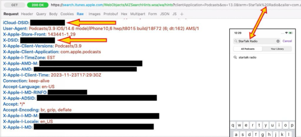 Screenshot of the network request sent by Apple Podcasts when the searches for a keyword. The request includes the user's iCloud ID.
