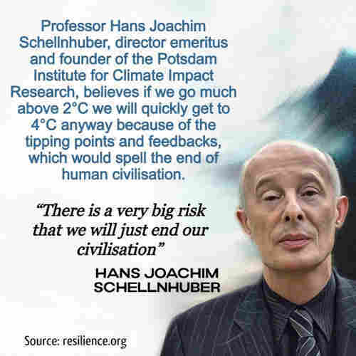 Professor Hans Joachim Schellnhuber, director emeritus and founder of the Potsdam Institute for Climate Impact Research, believes if we go much above 2°C we will quickly get to 4°C anyway because of the tipping points and feedbacks, which could spell the end of human civilisation. 
“There is a very big risk that we will just end our civilisation” - HANS JOACHIM SCHELLNHUBER 
Source: resilience.org