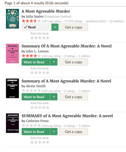 Screengrab from Goodreads showing the search results for A Most Agreeable Murder. The book itself is rated 3.69, there’s three summaries, the first having been rated 4 stars (by only 2 users, probably fake, verses over 17,000 users for the real book).