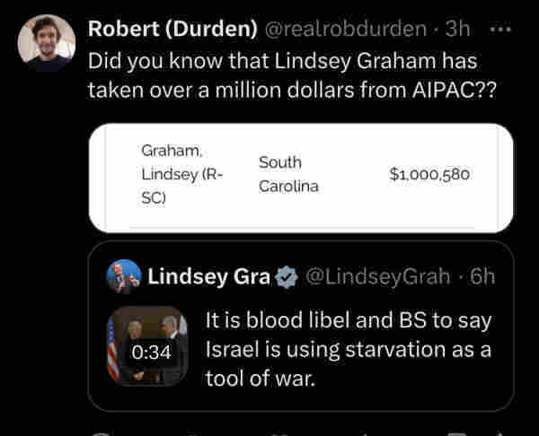 Indication Lindsey graham has received over a million dollars from aipac